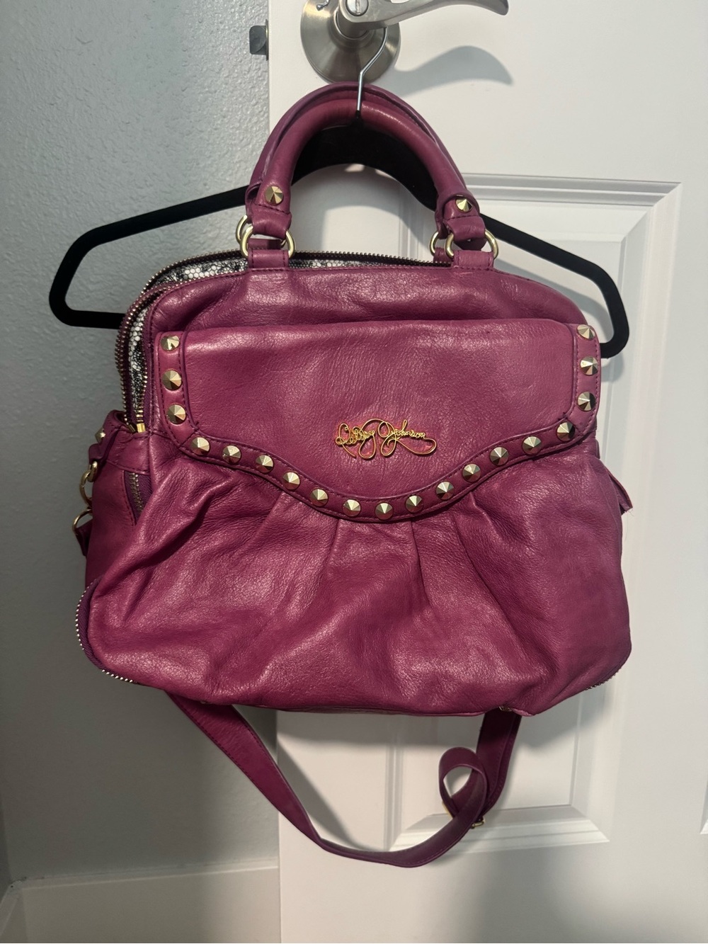 Betsey Johnson Magenta Studded Leather Shoulder Bag